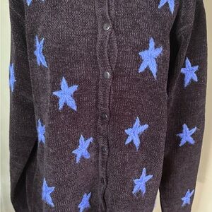 Starry Night Button-Up Cardigan Large Embroidered Stars Night Sky